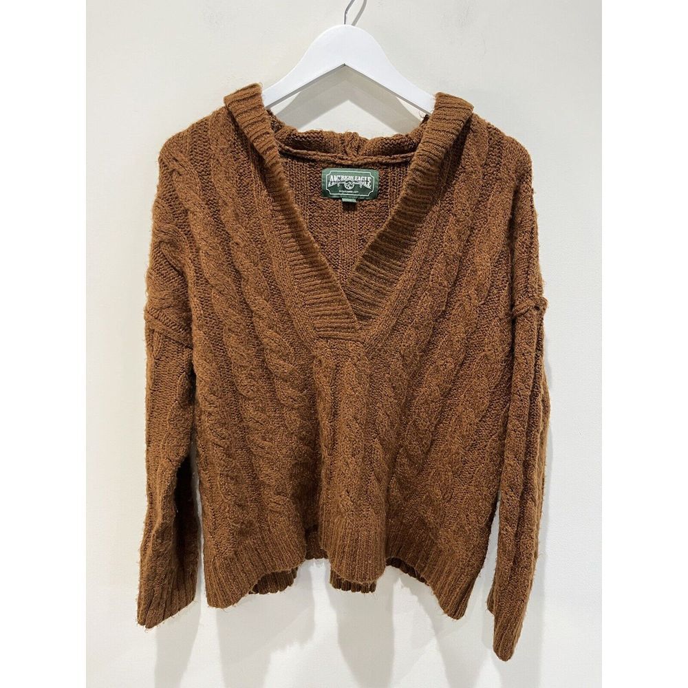 Vtg American Eagle Oversized Cropped Hoodie Brown Cable Knit Sweater Sz S Chunky